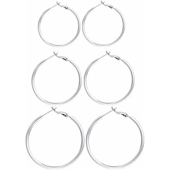 3 Pair Silver Hoop Earrings Set 14K White Gold Plated 40MM 50MM 60MM - Picture 1 of 6